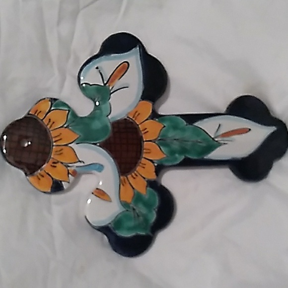 Other - Talavera Majolica or Tin-glazed Pottery Cross with Sunflower Floral Design (B4)